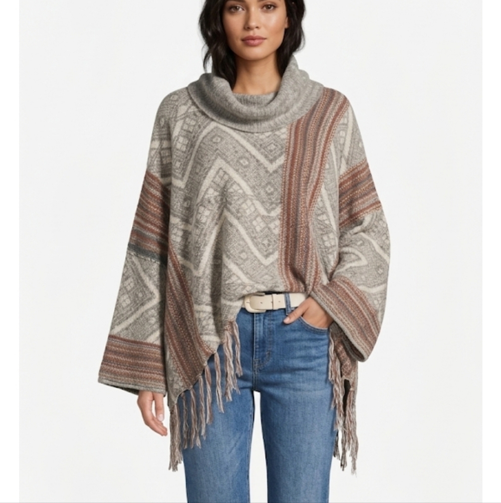 Free People Beige Cream Patterned Cowl-Neck South West Poncho - Picture 10 of 11